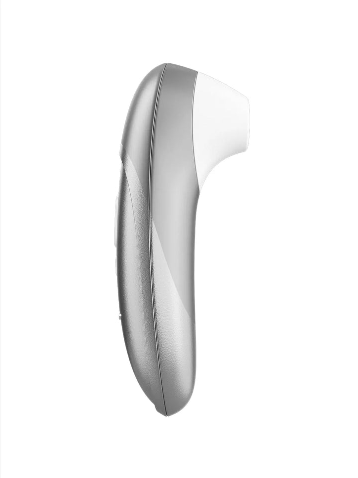 Womanizer Pro silver side view showing its curved ergonomic profile.