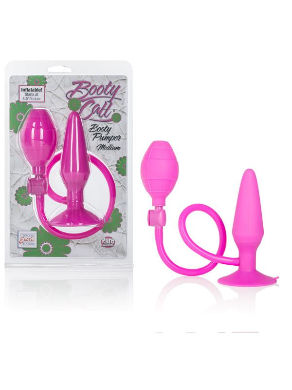 Booty Call Booty Pumper in pink shown with retail packaging, inflatable plug and squeeze bulb.