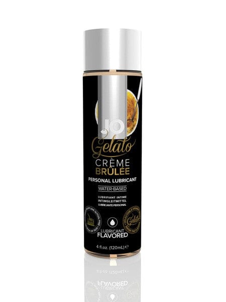 JO Gelato Crème Brûlée flavoured lubricant bottle with premium dessert-inspired packaging.