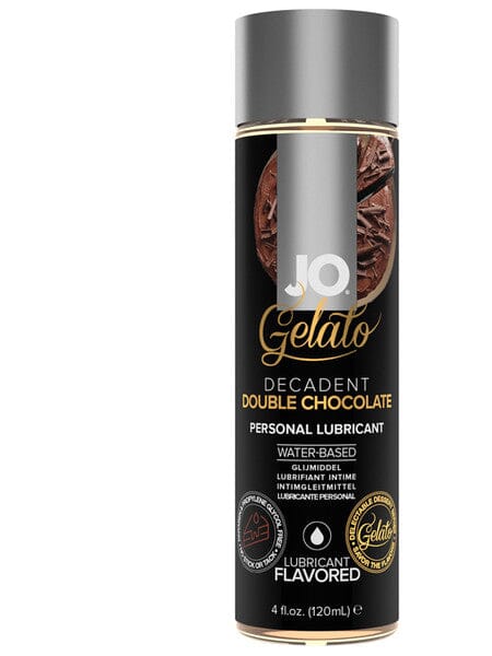 JO Gelato Decadent Double Chocolate flavoured lubricant bottle with rich chocolate dessert flavour.
