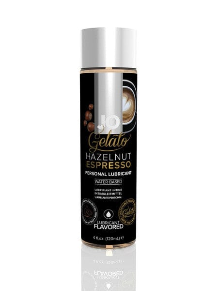 JO Gelato Hazelnut Espresso flavoured personal lubricant 120ml bottle with rich coffee-inspired packaging.