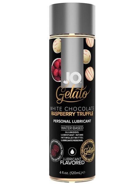 JO Gelato White Chocolate Raspberry Truffle flavoured lubricant bottle with raspberry and white chocolate flavour.