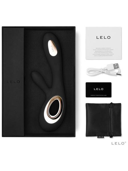 LELO Soraya Wave in black shown with product box, charging cable, pouch and care card.