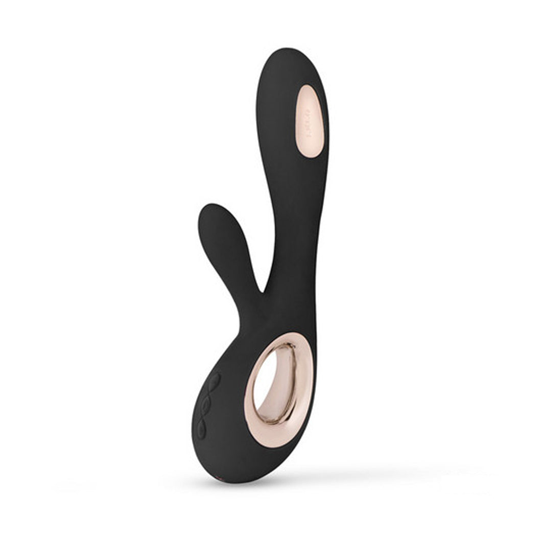 LELO Soraya Wave in black main view showing curved dual-stimulation design and rose gold control detail.