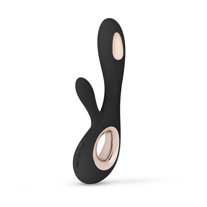 LELO Soraya Wave in black main view showing curved dual-stimulation design and rose gold control detail.