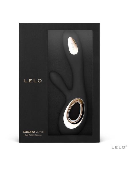 LELO Soraya Wave in black shown with product box, charging cable, pouch and care card.