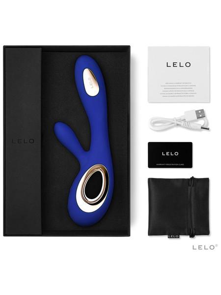 LELO Soraya Wave in blue shown with product box, charging cable, pouch and care card.