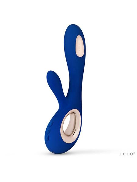 LELO Soraya Wave in blue front view with smooth silicone finish and rose gold control panel.