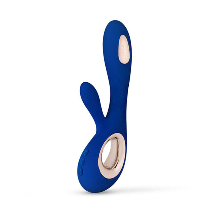 LELO Soraya Wave in blue main view showing curved dual-stimulation design and rose gold control detail.