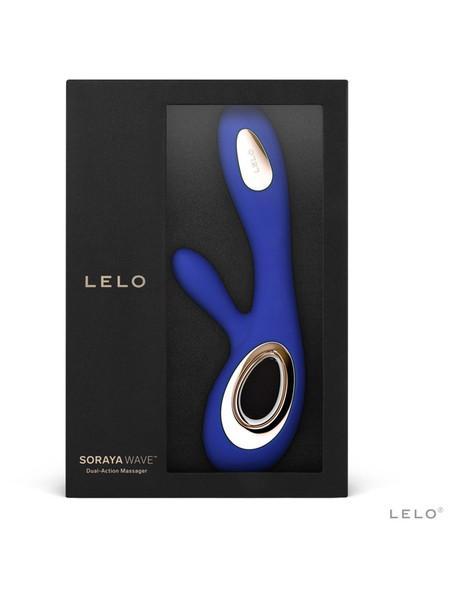 LELO Soraya Wave in blue shown with premium black retail packaging.