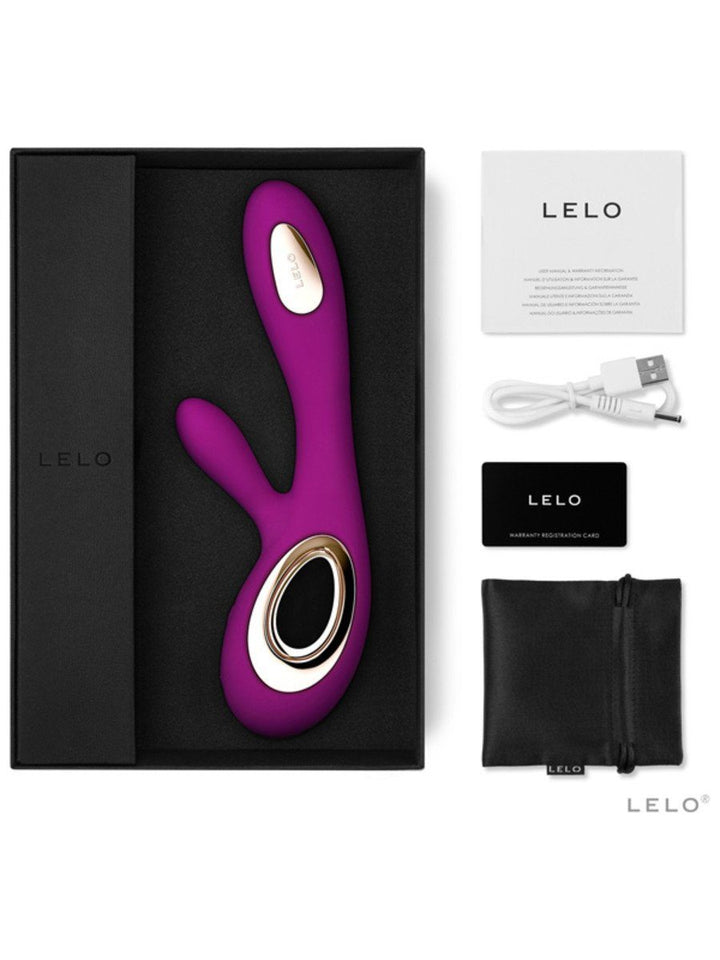 LELO Soraya Wave in plum shown with product box, charging cable, pouch and care card.