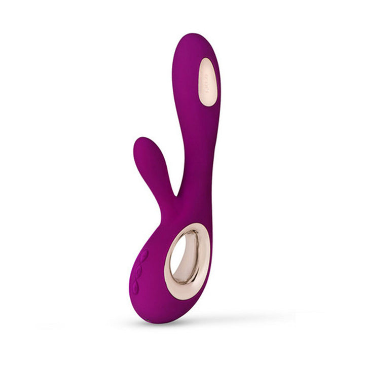 LELO Soraya Wave in plum main view showing curved dual-stimulation design and rose gold control detail.